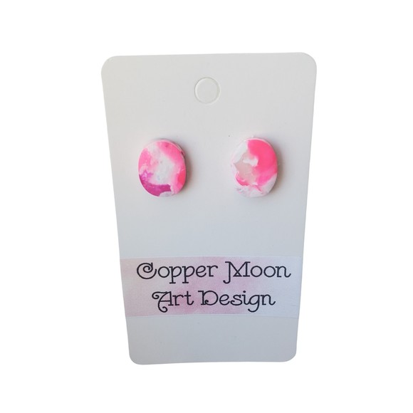 Handmade Pink and White Glitter Polymer Clay Stud Earrings - Picture 2 of 2